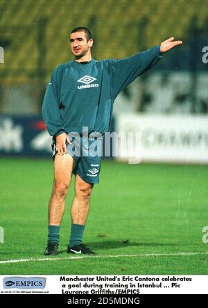 Manchester United's Eric Cantona celebrates a goal during training in Istanbul  Stock Photo