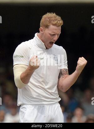 England's Ben Stokes celebrates taking the wicket of India's Ravindra Jadeja Stock Photo