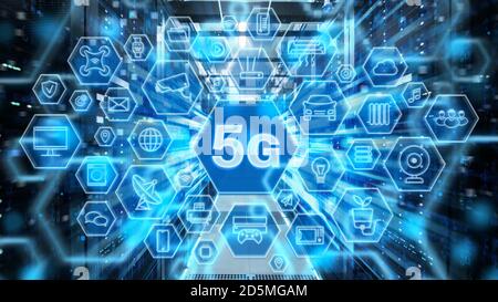 Shot of Corridor in Working Data Center Full of Rack Servers and Supercomputers. 5G Internet Technology Concept with Different Computer Illustrative Stock Photo