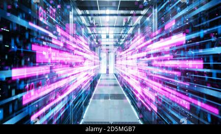 Shot of Corridor in Working Data Center Full of Rack Servers and Supercomputers with Pink Neon Visualization Projection of Data Transmission Through Stock Photo