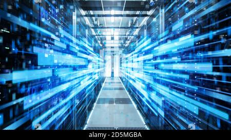 Shot of Corridor in Working Data Center Full of Rack Servers and Supercomputers with Blue Neon Visualization Projection of Data Transmission Through Stock Photo