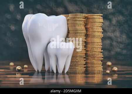 Big teeth with a stack of golden coins. Concept expensive dentistry or dental insurance, 3d  illustration Stock Photo