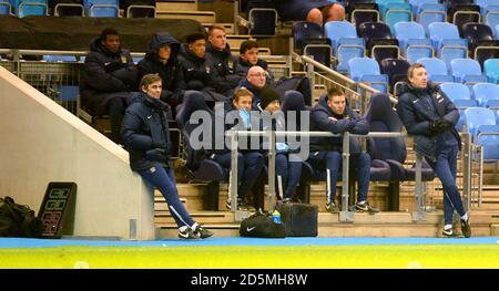 Manchester City academy manger Jason Wilcox and Coach Gareth Whalley on the touchline. Stock Photo