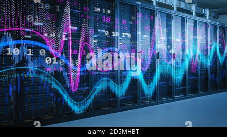 Shot of Working Data Center Full of Rack Servers and Supercomputers. Computer Calculations Concept with Different Illustrations of Statistics Stock Photo