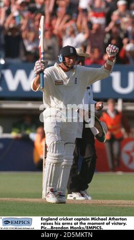 England cricket captain Michael Atherton raises his arms at the moment of victory. Stock Photo