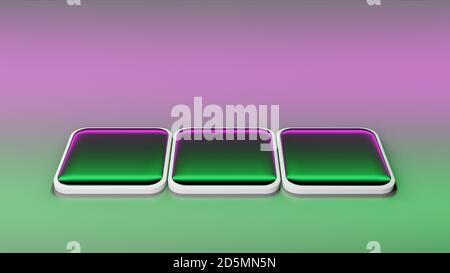 3D illustration of green and pink square tiles with glossy shiny surface, minimalistic design, futuristic technology concept, cgi rendering Stock Photo