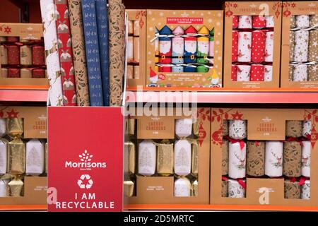 Morrison's new Christmas range, as the supermarket has announced they have removed glitter entirely from its own-brand decorations, cards, wrapping paper and horticulture, which will reduce the plastic sold in store by more than 50 tonnes a year. Stock Photo
