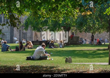 City park summer, view of people relaxing on a summer afternoon in the grounds of Winchester Cathedral, Hampshire, England, UK Stock Photo