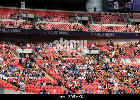 Hull City fans in the stands at Wembley Stadium as the team is announced Stock Photo