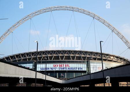 An advert on the side of Wembley Stadium with the date for the start of the new EFL season