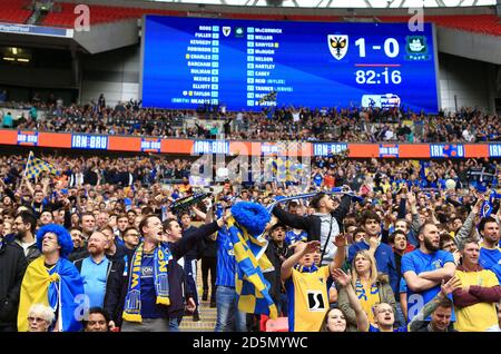 AFC Wimbledon fans show their support in the stands. Stock Photo