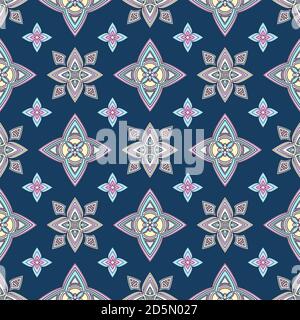 Abstract colorful ornament, oriental curve swirls seamless pattern with flowers and curl, openwork. Multicolored tracery on blue background, for fabri Stock Vector