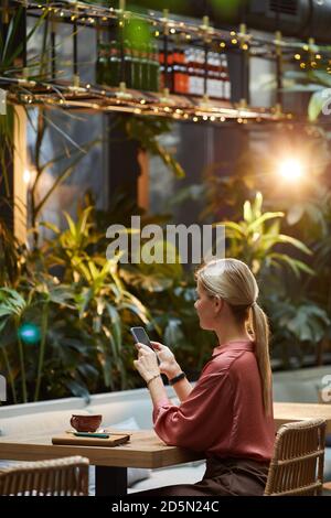 Young woman using her mobile phone while sitting at the table during lunch in cafe Stock Photo