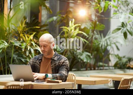 Mature man working online he sitting at the table and typing on laptop in cafe Stock Photo