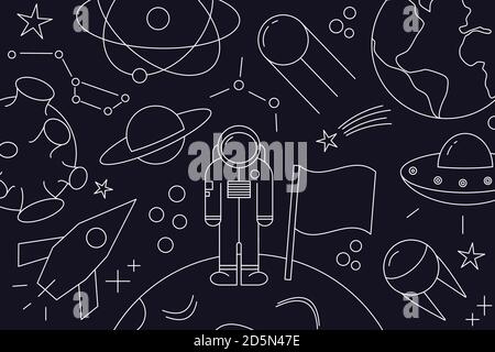 Modern pattern of planet, star, comet, with different rockets. Universe line drawings. Cosmos. Trendy space signs, constellation, moon. Outline Stock Vector