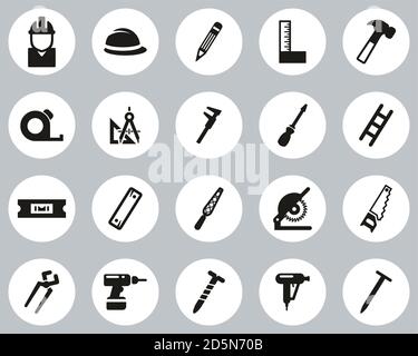 Carpenter Icons Black & White Flat Design Circle Set Big Stock Vector