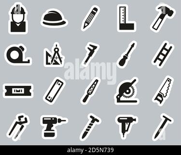 Carpenter Icons Black & White Sticker Set Big Stock Vector