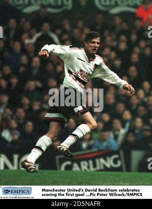 Manchester United's David Beckham celebrates scoring the first goal Stock Photo