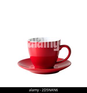 Red empty cup for coffee isolated on red background. Close up. Stock Photo