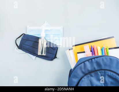 New school set including face mask, sanitizer Stock Photo