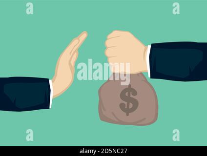 Rejection of money. Businessman offering a bag of money while the other man rejecting the proposal. Concept of violation of the law, corruption or bri Stock Vector