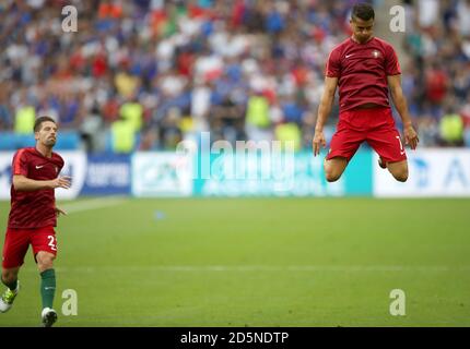 Portugal's Adrien Silva and Portugal's Cristiano Ronaldo warming up prior to the match  Stock Photo