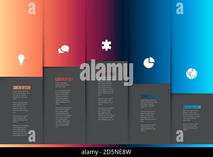 Five graph elements infographic template - each column element contains icon, title and description - dark gradient version Stock Vector