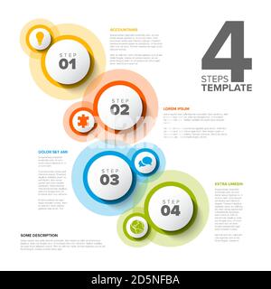 Vector light progress steps template with descriptions, icons and circles Stock Vector