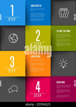 Multipurpose mosaic four steps infographic made from colorful content squares with icons numbers and texts Stock Vector
