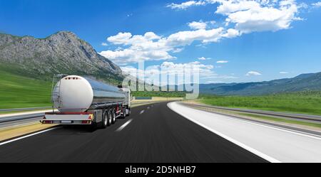 Big fuel gas tanker truck on highway. Stock Photo