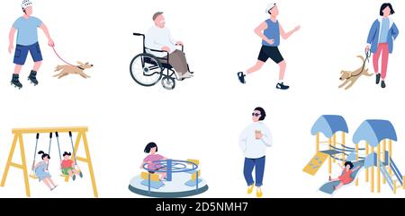 Kids and adults leisure time flat color vector faceless characters set Stock Vector