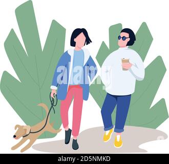 Friends walking with pet flat color vector faceless characters Stock Vector