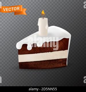 Delicious piece of chocolate cake with dripping cream and decorated with a burning white candle on it. Vector illustration in a 3D mesh realistic styl Stock Vector