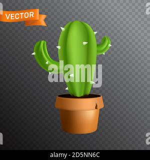 Spiked green cactus in a brown ceramic pot with a crack. Vector illustration isolated on a transparent background Stock Vector