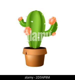 Green prickly cactus in a brown ceramic pot with blooming flowers on it. Vector illustration isolated on white background Stock Vector