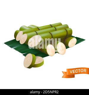 Fresh sugar cane cut with green chunks, sliced and stacked on top of each other. Vector illustration in a 3D mesh realistic style isolated on a white Stock Vector