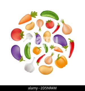 Vegetables icon set in a round shape - potato, carrot, cucumber, onion, pepper, tomato, aubergine, eggplant, garlic. Healthy vegetarian or vegan food. Stock Vector