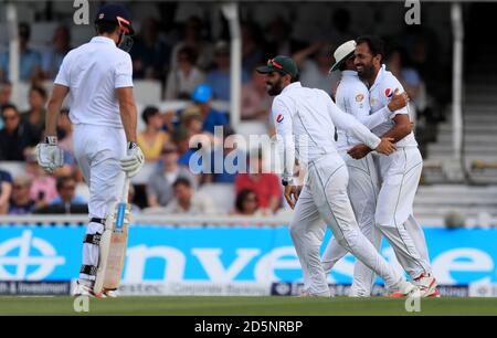 England's Alastair Cook walks off dejected off the bowling of  Pakistan's Wahab Riaz for 7 Stock Photo