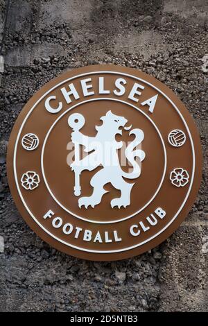 General view of a Chelsea club badge on the wall of the old shed end Stock Photo