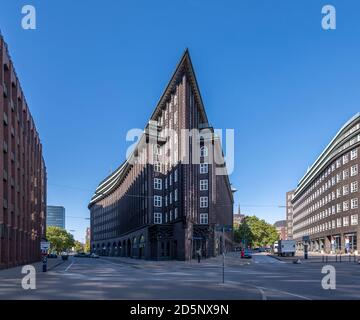 Pointed Chilehaus in Hamburg. Designed by Fritz Höger, completed in 1924. An extreme example of the 1920s Brick Expressionism style of architecture. Stock Photo