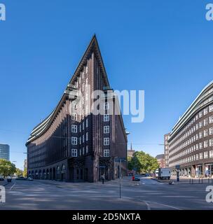 Pointed Chilehaus in Hamburg. Designed by Fritz Höger, completed in 1924. An extreme example of the 1920s Brick Expressionism style of architecture. Stock Photo