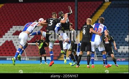 Blackburn Rovers' Shane Duffy (left) heads in his side's fourth goal of the game  Stock Photo