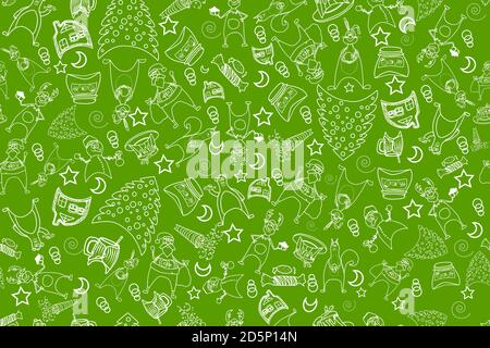 Christmas seamless pattern isolated on green background. Background with white contour winter elements for wrapping paper, banners, posters. Vector Stock Vector