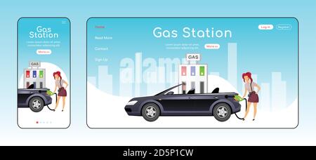 Gas station responsive landing page flat color vector template Stock Vector