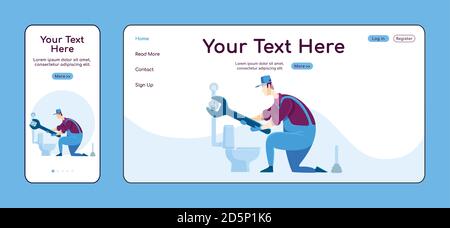 Plumbing services adaptive landing page flat color vector template Stock Vector
