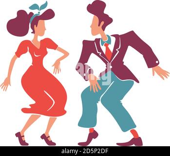 Couple dancing rock n roll, jive together flat color vector faceless characters Stock Vector