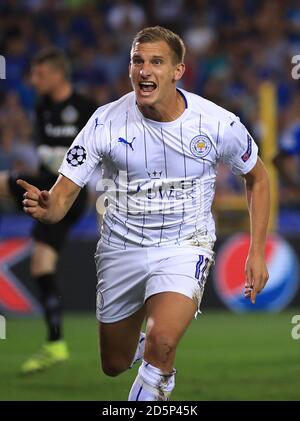 Leicester City's Marc Albrighton celebrates scoring his side's first goal  Stock Photo