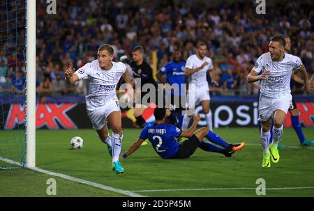 Leicester City's Marc Albrighton celebrates scoring his side's first goal  Stock Photo