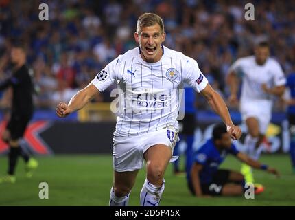 Leicester City's Marc Albrighton celebrates scoring his side's first goal  Stock Photo