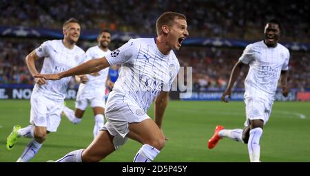 Leicester City's Marc Albrighton celebrates scoring his side's first goal  Stock Photo